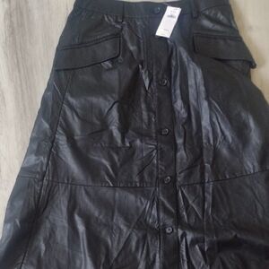 Black Button-Down Midi Skirt Vegan Faux Leather by Banana Republic